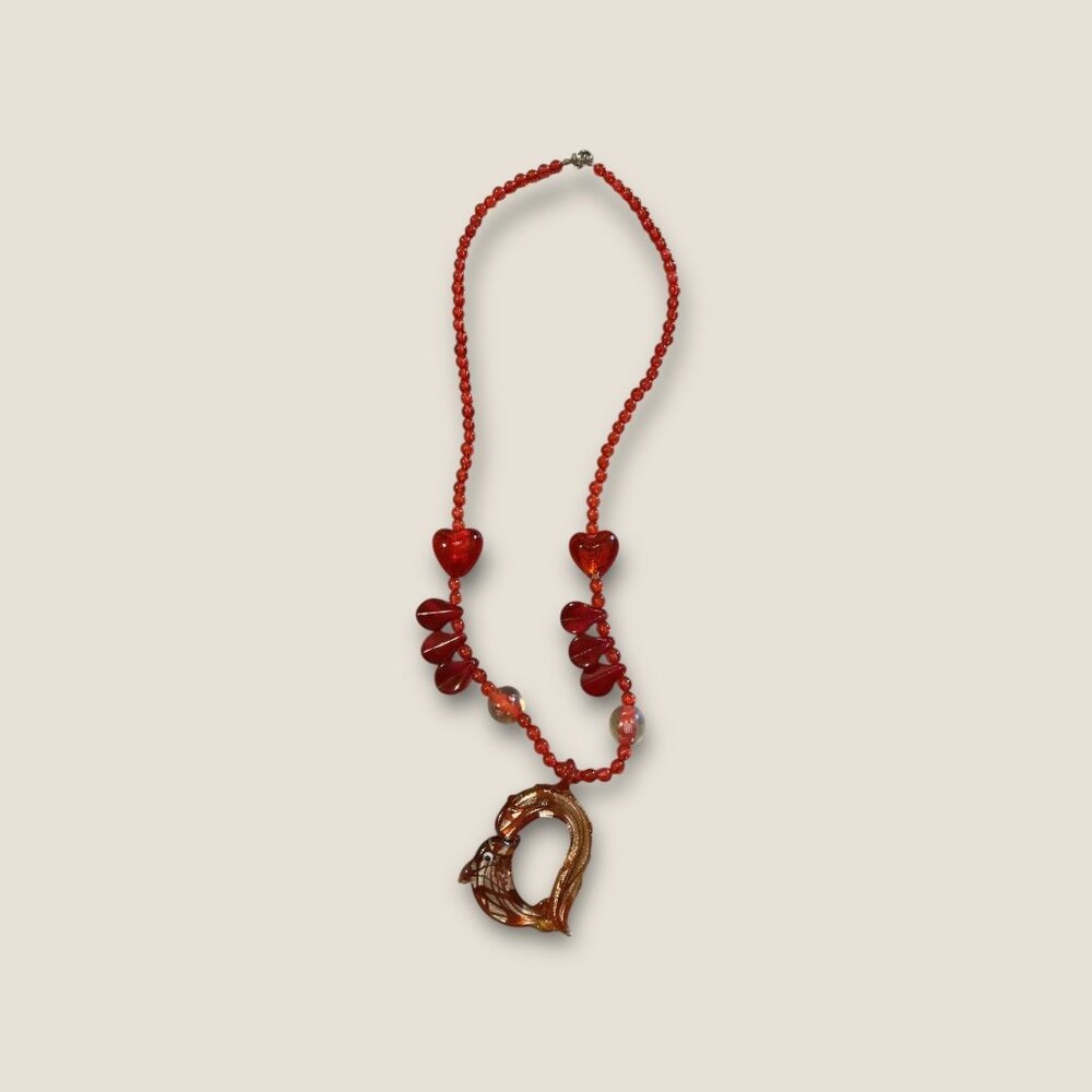 Handcrafted Glass Beaded Necklace With Fish Pendant & Red Heart Accents 22" Long